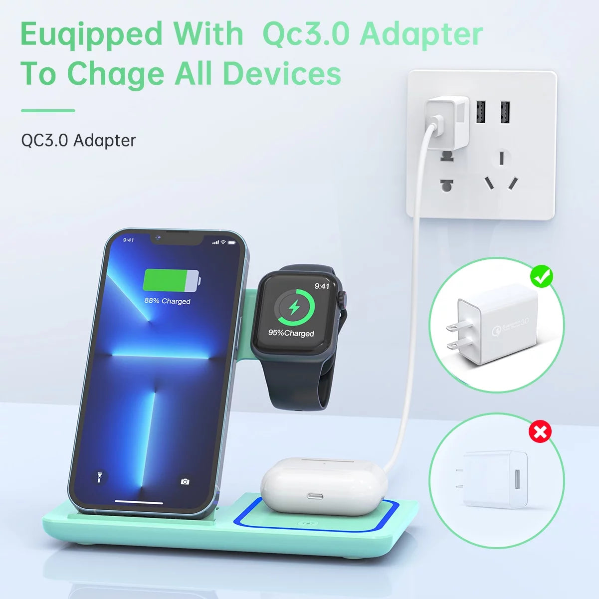 Wireless Charging Station, 2025 Upgraded 18W 3 in 1 Wireless Charger Stand for Iphone 16/15/14/13/12/11 Pro/Xs, Airpods 4/3/2/1/Pro, Iwatch Series 10/9/8/7/6/5/4/3,Samsung Phones(Green)